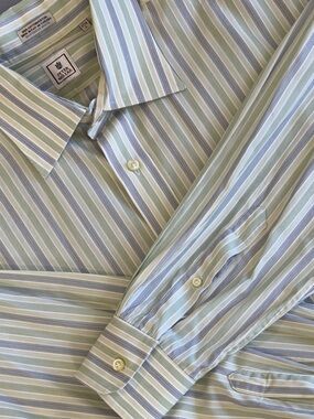 Peter Millar Light Green, Blue & White Striped Dress Shirt
